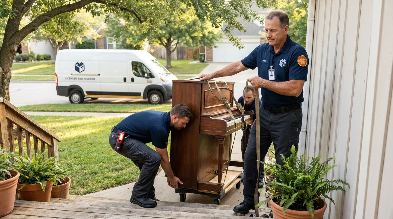 Licensed piano movers securing grand piano in Magnolia, MS