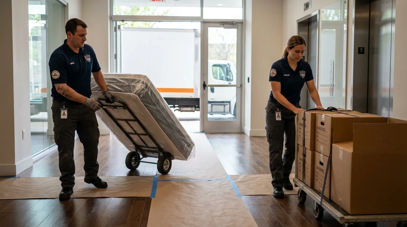 Professional apartment movers loading elevator in Magnolia, MS