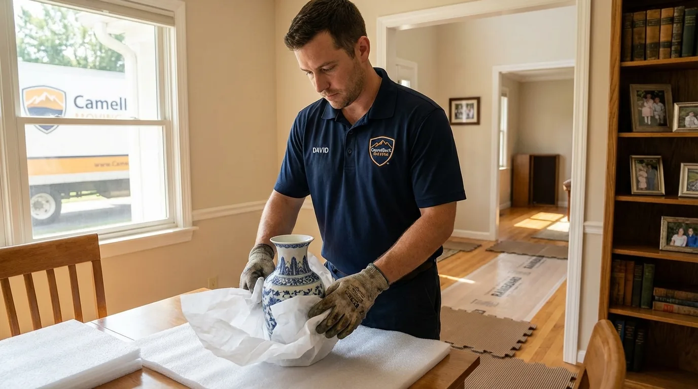 Professional crew carefully wrapping antique vase for senior downsizing move in Magnolia, MS